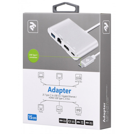 Адаптер 2E Type C to USB 3.0+Gigabit Ethernet+HDMI+USB Type C, 0.15m, silver