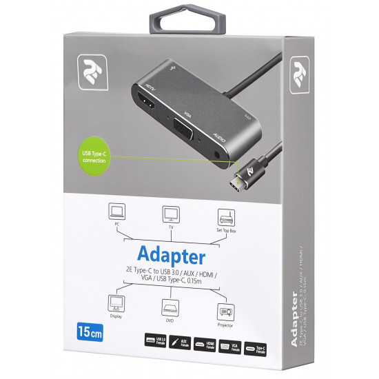 Адаптер 2E Type C to USB 3.0+AUX+HDMI+VGA+USB Type C, 0.15m, black