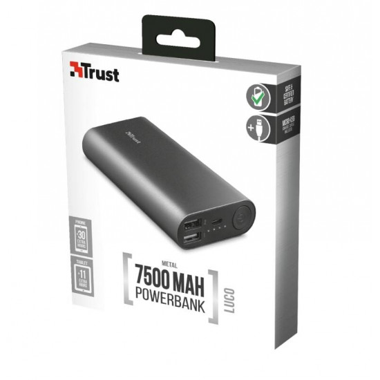 Портативный аккумулятор TRUST Luco metal powerbank 7500 mAh Black