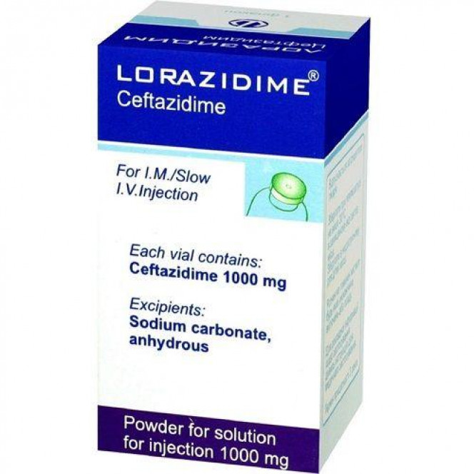 Lorazidim powder for solution for injections on 1000 mg in a bottle, 1 piece.