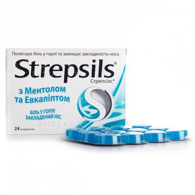 Strepsils with menthol and an eucalyptus, lollipops for a throat, 24 pieces.