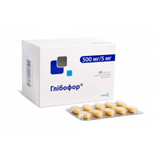 Glibofor of a tablet in diabetes, 500 mg / 5 mg, 60 pieces.