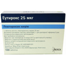 Эутирокс таблетки от заболеваний щитовидной железы по 25 мкг, 100 шт.