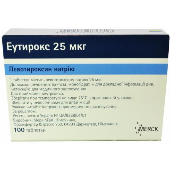 Эутирокс таблетки от заболеваний щитовидной железы по 25 мкг, 100 шт.