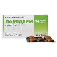 Lamiderm of a tablet on 250 mg, 14 pieces.