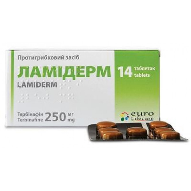 Lamiderm of a tablet on 250 mg, 14 pieces.