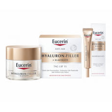 Eucerin Gialuron-Filler + Elastisiti anti-aging cream for skin around eyes of SPF15 15 ml, 1 piece + Gialuron-Filler + Elastisiti day cream for biorevitalization of SPF15 50 ml, 1 piece.