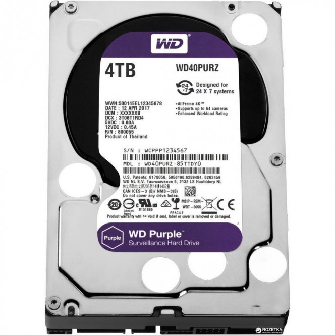 Жесткий диск внутренний WDC HDD SATA 4TB 6GB/S 64MB/PURPLE (WD40PURZ)