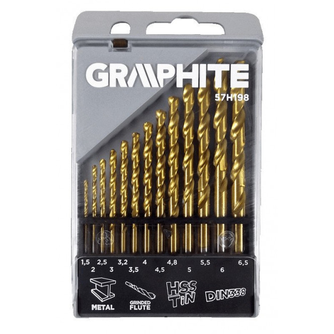 Metal drills of Graphite HSS TIN of 1.5-6.5 mm, set of 13 pieces.