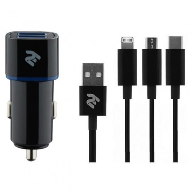 Car charger 2E 2xUSB 2.4A + 3 in 1 Lightning/microUSB/Type-C cable