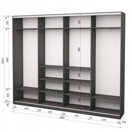 Four-door wardrobe ROKO 238.4x242x45 cm chipboard + Mirror Gray (20200027302)