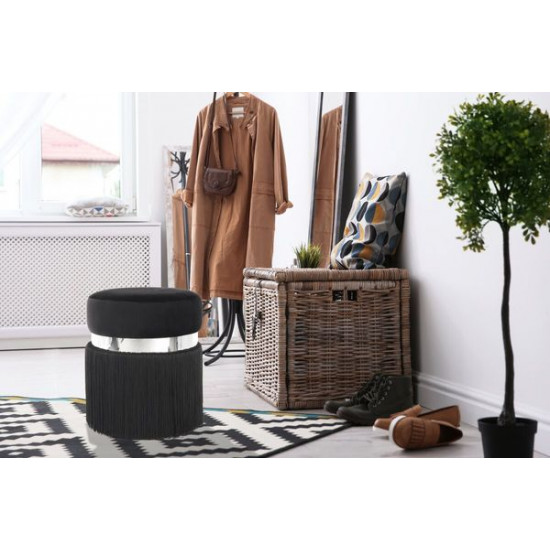 Fringed Pouf Kayoom Rebecca 225 Black Round (J7T85-BLK)