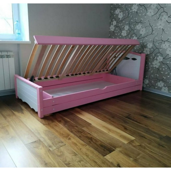 Single bed RainbowDream Novus 80x200 cm white and pink solid alder, with lifting mechanism