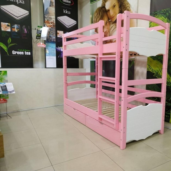 RainbowDream Firina bunk bed 90x200 cm pink and white solid alder, with drawers