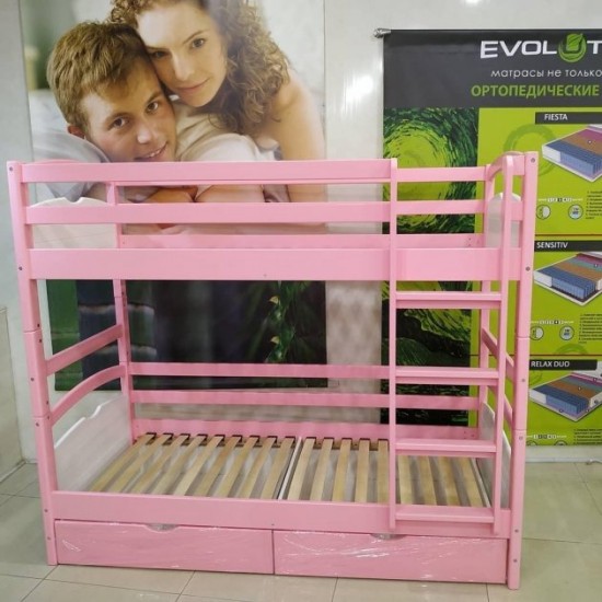 RainbowDream Firina bunk bed 90x190 cm pink and white solid alder, with drawers