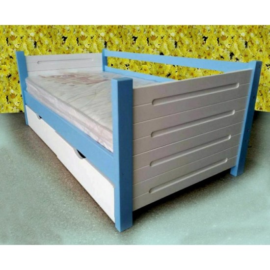 RainbowDream Yocca single ottoman bed 90x200 cm blue and white solid alder, with drawers