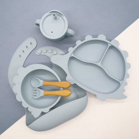 6-piece baby silicone feeding set Dino Blue