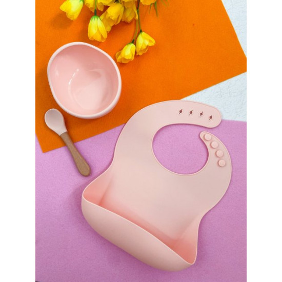 Children's silicone tableware set Metr+ bib deep plate with spoon Peach