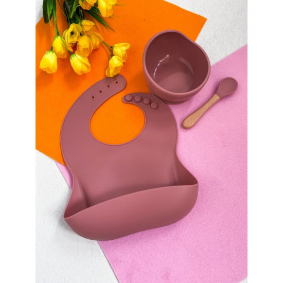 Children's set of silicone dishes Metr+ bib deep plate with spoon Burgundy