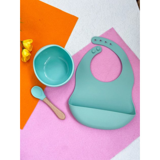 Children's silicone tableware set Metr+ bib deep plate with spoon Turquoise