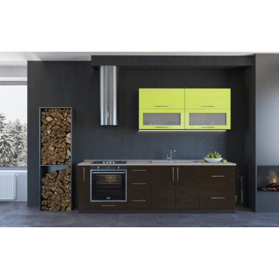 Ready-made modular kitchen with Everest Modern countertop, 260cm, Lime gloss Chocolate gloss