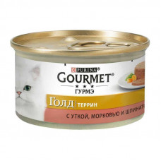 Gourmet (Gurme) of Gold is the Tinned forage paste with a duck, morkvyyu and spinach for adult cats