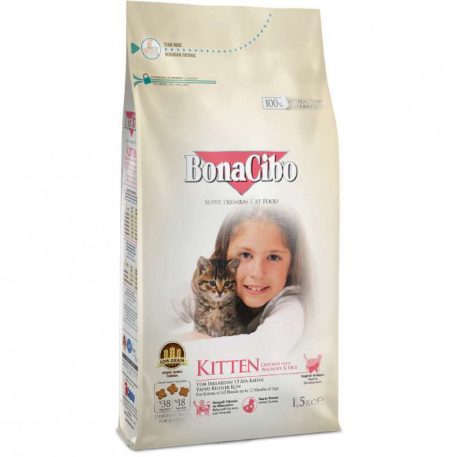 BonaCibo Kitten - A dry feed with meat of chicken, anchovies and rice for kittens of all breeds up to 12 months