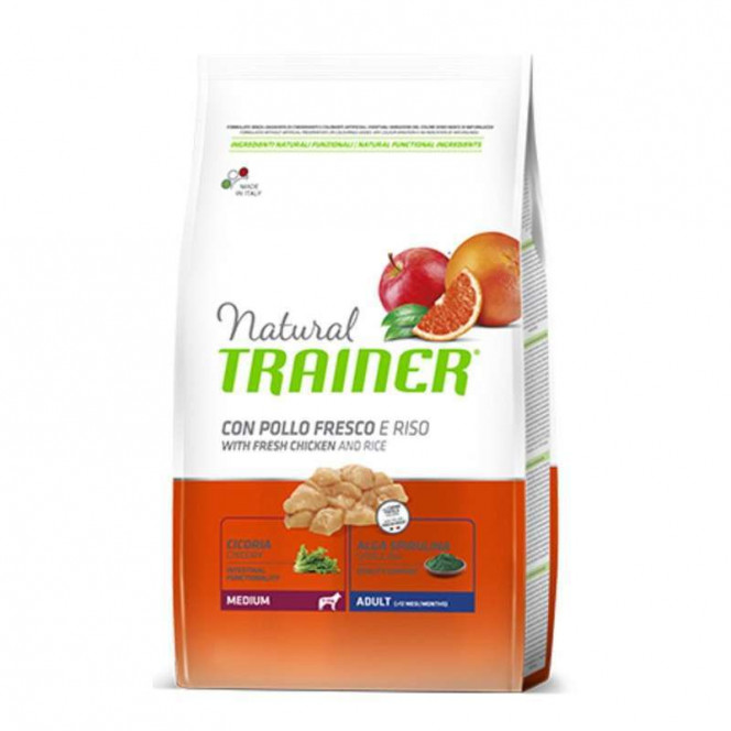 Trainer Natural Adult MEDIUM Con Pollo Fresco, Riso & Aloe Vera - A dry feed with chicken, rice and the Aloe Vera for adult dogs of average breeds