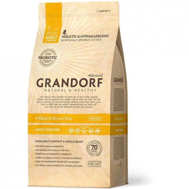 Grandorf 4 Meat & Brown Rice STERILIZED - A dry feed with 4 types of meat and rice for the sterilized cats