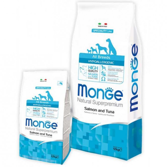 Monge Natural Superpremium All Breeds Adult Hypoallergenic - A dry feed for adult dogs allergic persons of all breeds with a salmon and a tuna