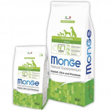 Monge Natural Superpremium All Breeds Adult Rabbit, Rice & Potatoes - A dry feed for adult dogs of all breeds with a rabbit and rice