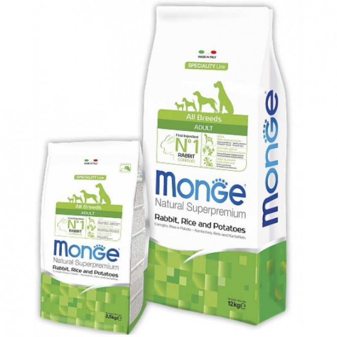 Monge Natural Superpremium All Breeds Adult Rabbit, Rice & Potatoes - A dry feed for adult dogs of all breeds with a rabbit and rice