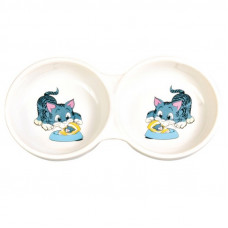 Trixie - Misk with 2 sections ceramic for cats with the drawing of kittens