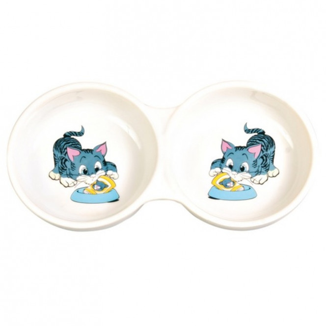 Trixie - Misk with 2 sections ceramic for cats with the drawing of kittens