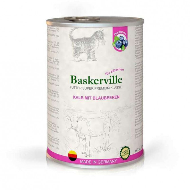 Baskerville Kalb Mit Blaubeeren - A tinned forage of a super-premium class with veal and bilberry for kittens of all breeds