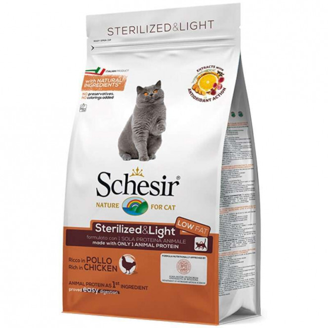 Schesir Cat Sterilized & Light - A dry monoprotein feed with chicken for the sterilized cats and the castrated cats, for cats inclined to completeness