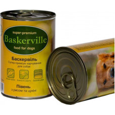 Canned food Baskerville with a rooster, rice and zucchini for dogs