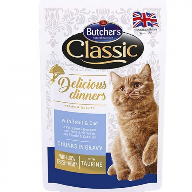 Butcher's Cat Delicious - A tinned forage with a trout and a cod for cats