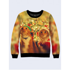 Mens 3D-print sweatshirt - Christmas red cats. Long sleeve. Made in Ukraine.