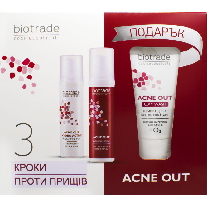 Set for the person BIOTRADE Acne Out (Biotrade of the Acne the Miss) for oily and problem skin with an acne cream of 60 ml + lotion of 60 ml + the gel cleaning 50 ml