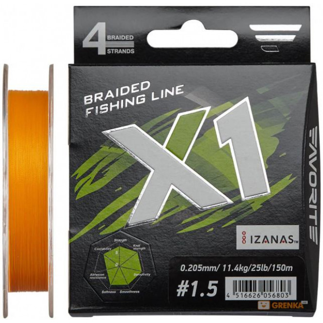 Shnur Favorite X1 PE 4x 150m (orange) #1.5/0.205mm 25lb/11.4kg (16931122)