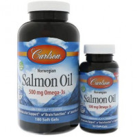 Масло лосося, Salmon Oil, Carlson Labs, норвежское, 500 мг, 180+50 капсул, 18382
  