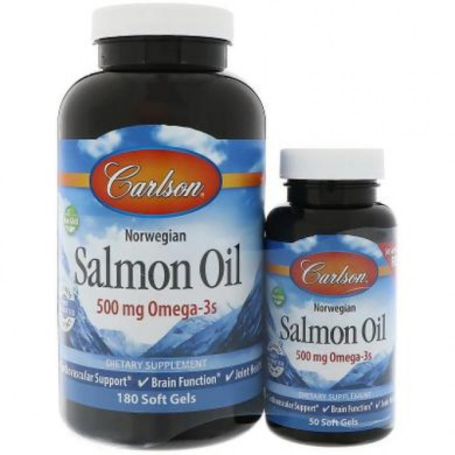 Масло лосося, Salmon Oil, Carlson Labs, норвежское, 500 мг, 180+50 капсул, 18382
  