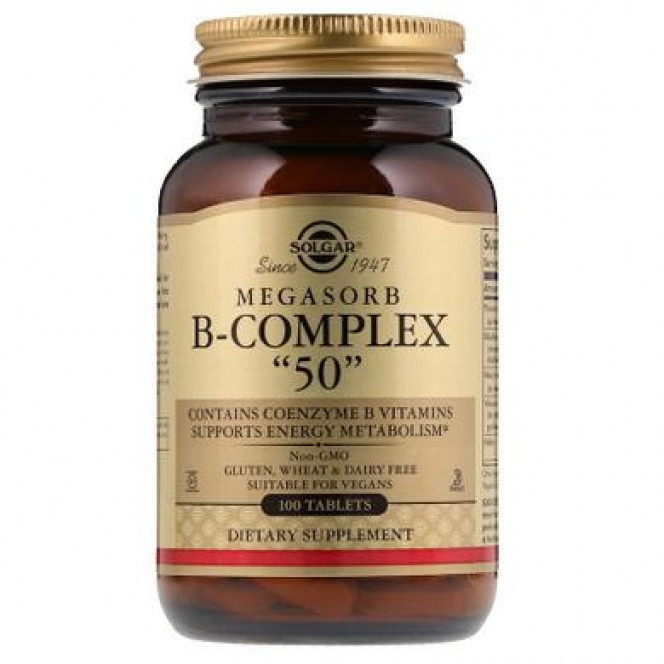 Vitamins of group B-50, Megasorb B-Complex, Solgar, complex, 100 tablets 631, 10894 .. Discounts, promotions, 100% original products. Delivery all over the world, free shipping, peace, health, cosmetics, fitness