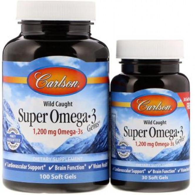 Fish Oil, Super Omega 3, Carlson Labs, 1200 mg, 100 + 30 Capsules, 18379
 