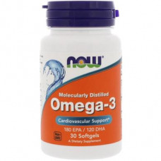 Omega-3 Fish Oil, Omega-3, Now Foods, Molecularly Distilled, 30 Capsules, 22437
 