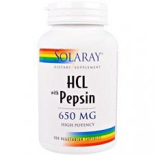 Бетаин HCl + пепсин, HCL with Pepsin, Solaray, 650 мг, 100 капсул, 30075
  