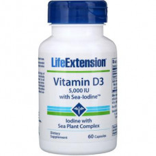 Vitamin D3, Vitamin D3, Life Extension, with iodine, 5000 IU, 60 capsules, 31387
 