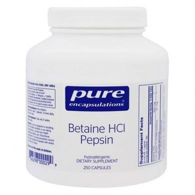 Бетаина гидрохлорид + пепсин, Betaine HCL/Pepsin, Pure Encapsulations, для пищеварительного тракта, 250 капсул, 31693
  