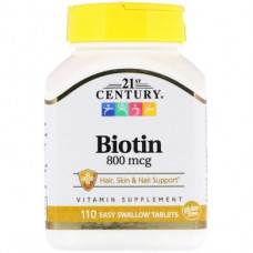 Биотин, Biotin, 21st Century, 800 мкг, 110 таблеток, 33149
  